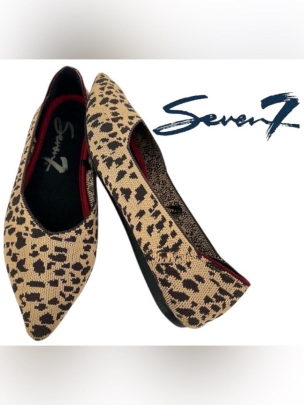 Seven7 Elsa Pointy Toe Fly Knit Leopard Print Women's Flats with Stretch, Size 9